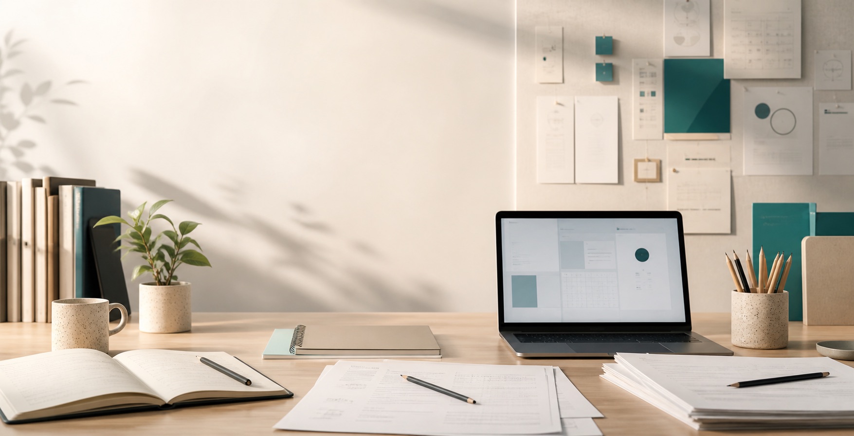A calm learning workspace with notebooks, papers, and product research materials.