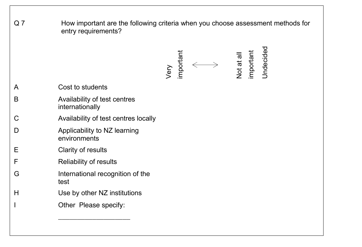 Questionnaire excerpt for Q7 criteria in choosing assessment methods