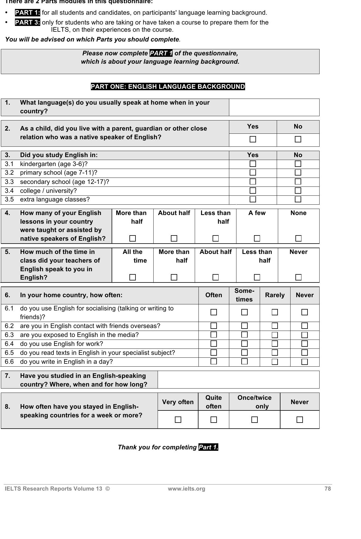 Appendix 2 Part 1 questionnaire: English language background